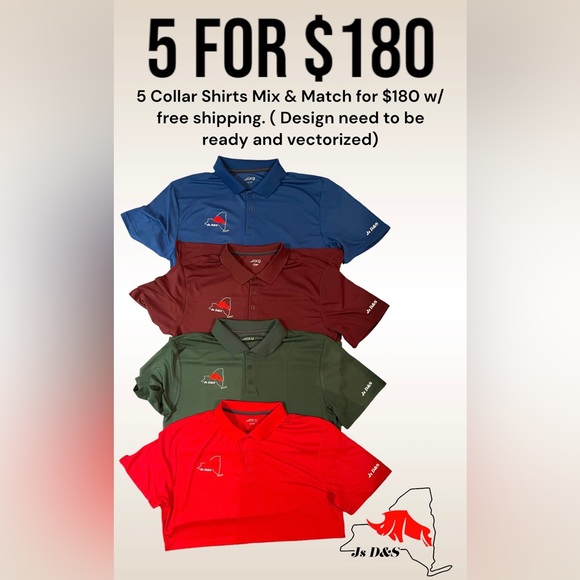 5 custom collar shirts for $180. Mix and match colors and sizes. Free shipping